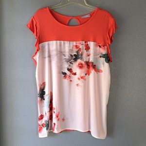Milan Kiss - Coral & Off White Floral Short Sleeve Top, Size Large